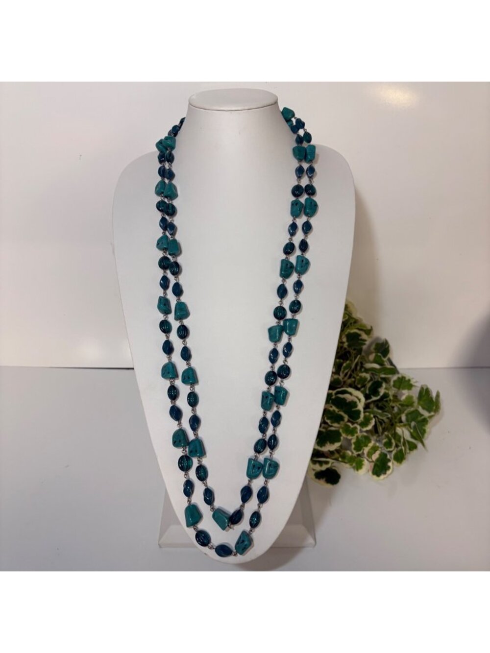 Long Faux Turquoise Blue Beaded Necklace Boho Statement Layered Artisan Jewelry
